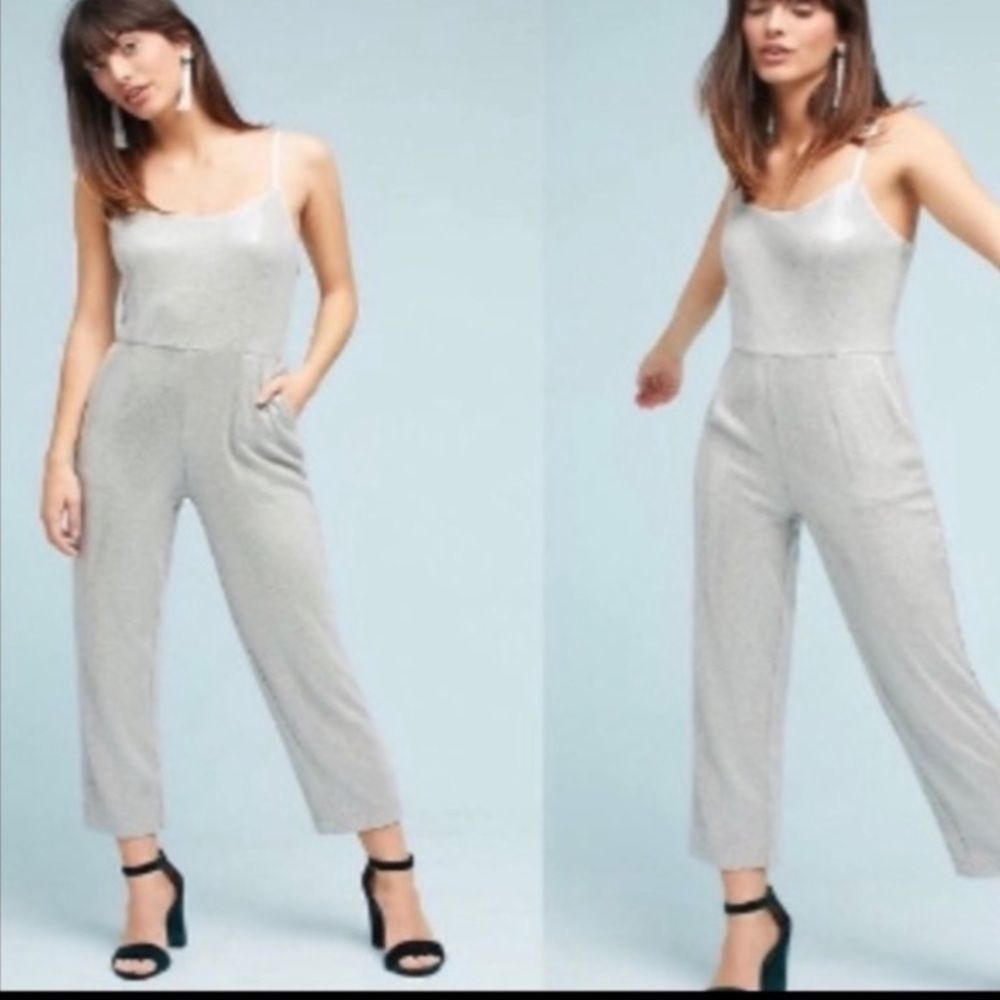 Anthropologie Ett Twa Claudette Silver Sequin Jumpsuit